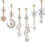 [TJCGCKK] 6 Pcs Dangle Belly Button Piercing Rings for Women Girls Sparkly Zircon Belly Button Rings Stainless Steel Dangling Curved Navel Barbell Body Jewelry