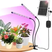 Solar Grow Lights with Batteries, 2 Heads Clip Plant Growing Lamp with Red Blue Spectrum for Indoor Plants, 3/9/12H Timer, 3 Dimmable Level, Adjustable Gooseneck,3 Switch Modes, Auto On Off