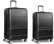 [Wanderlite] Luggage Set 2pcs Black Trolley Suitcase Hand Luggages Hard Case Shell, Storage Organiser Travel Strap Bag Carry on Adult Kids, Lightweight Roller 4 Universal Wheels