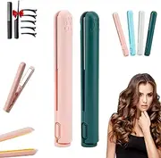 Dualglam Mini Dual-Purpose Curling Iron, Cozy Home Curling Iron Mini, 2-in-1 Mini Curling Wand & Flat Iron Hair Straightener for Short Hair, Portable USB Mini Ceramic Curling Iron (Pink+Green)