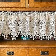 Hollow Crochet Curtain Valance - Rustic Cotton Lace Cafe Short Drapes Rod Pocket, Farmhouse No Drill Half Curtains for Kitchen Cabinet Doorway Coffee Window Decor (Beige,71"W x 15"L (Pack of 1))