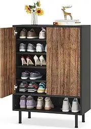 LITTLE TREE Shoe Cabinet with Doors, 6-Tier Modern Shoe Storage Cabinet with Adjustable Shelves, Wooden Free Standing Shoe Storage for Entryway, Hallway, Closet