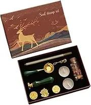 Wax Seal Stamp Kit with 6pcs Seal Stamp and Bottle of Wax Beads Spoon/Candle/Wax Melt Warmer for Christmas Vintage Envelopes Letters Mailing Crafts Envelopes Letter Cards Wedding