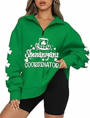 [ALIREVERIE] Women's St. Patrick's Long Sleeve Shamrock Oversized Half Zipper Irish Sweatshirt