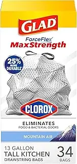 Glad ForceFlex OdorShield Tall Kitchen Drawstring Trash Bags, Fresh Clean - 13 gallons - 34 ct (Packaging May Vary)