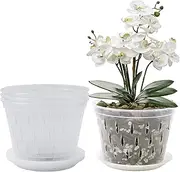 Lanccona Orchid Pot, 8 Inch 4 Pack Orchid Pots with Holes and Saucers, Clear Plastic Orchid Pots