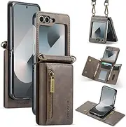 Wallet Case for Samsung Galaxy Z Flip 5, Matte Leather Case Cover Zipper Detachable Shoulder Strap Buckle Design - Coffee