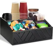 Coffee Station Organizer - Wood Pods Holder & Tea Condiment Storage Basket - ...