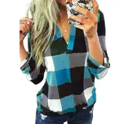 Catzon Womens Basic Casual V Neck Plaid Print Cuffed Long Sleeve Blouses-Sky Blue