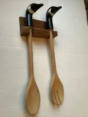 Vintage Wooden Salad Servers Ceramic Goose Geese Head Fork Spoon w/ Wall Rack