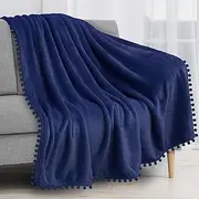 PAVILIA Pom Pom Blanket Throw Twin, Royal Blue | Soft Fleece Pompom Fringe Blanket for Couch Bed Sofa | Decorative Cozy Plush Warm Flannel Velvet Tassel Throw Blanket, 60x80