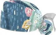 [WOSHJIUK] Working Hat 2 Pack Scrub Caps for Women,Succulents Plant Flowers Cactus,Tie Back Cap Adjustable Scrub Hat