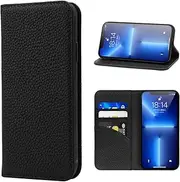 LANJLM iPhone 13 Mini Case Genuine Leather Wallet Case Card Holder Shockproof Flip Cover - Black