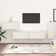 Modern Wall Mounted TV Cabinets for Living Room, White Solid Pine Wood Floating Entertainment Unit, 4 Pieces Console Storage