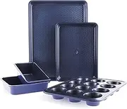 Blue Diamond Bakeware Diamond Infused Nonstick, 5 Piece Baking Set with 13x18inch Baking Sheet,13x9inch Cookie Sheet, 12 Cup Muffin Pan, Square Cake Pan & Loaf Pan, Dishwasher/Freezer Safe, PFAS-Free