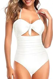 [Tempt Me] Women White Cutout One Piece Swimsuits High Waisted Halter Front Tie Knot Tummy Control Bathing Suit XL