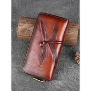 Women's Vintage Brown Leather Wallet with Embossed Dragonfly Design, Zipper Closure, Elegant Gift for Daily Use and Special Occasions Blue Brown