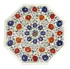 Floral Design Inlay Work Patio Coffee Table Top Octagon White Marble Lawn Table
