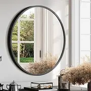 Furb Round Wall Mirror, 100cm Circular Bathroom Mirror, Black Metal Frame, Decorative Hallway Entryway Mirror