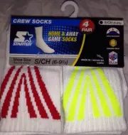 BNWT 4 Pair STARTER Home/Away Game Crew Socks White w/Red/Yellow S/CH (6-9 1/2)