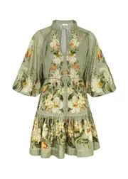Zimmermann Lexi Billow Floral-print Cotton Mini Dress - Sage - 1 (UK 10 / S) 1 (UK 10 / S)