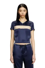 [Diesel] Diesel - Cropped T-shirt in satin, knit and tulle - T-Shirts - Woman - Blue 44 Blue