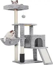 Heybly Cat Tree with Cat Self Groomer Brush, Cat Tower Condo for Indoor Cats with Padded Plush Perch,Cat House with Basket Scratching Board Post, Light Gray HCT005SW