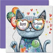 9th Birthday Card Girl - Purrfect Cat Balloons - Cat Birthday Card for 9 Year Old Girl, Age 9 Girls Birthday Cards Ninth Birthday Card, 145mm x 145mm Cats Greeting Card
