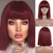 Cecehair Short Red Bob Wig Synthetic Dark Wine Red Bangs Wigs for Women Straight