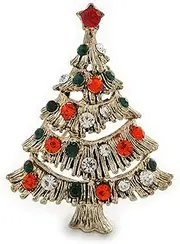 [Avalaya] Vintage Inspired Red/ Green/ Clear Crystal Christmas Tree Brooch In Antique Gold Tone Metal - 43mm L