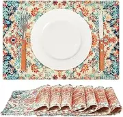 Mifoci 8 Set Ethnic Boho Placemats 12 x 18'' Southwest Linen Washable Kitchen Dining Table Mats Heat Resistant Vintage Fabric Non Slip Bohemian Mats for Home Desktop Decoration