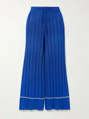 [Calle Del Mar] Calle Del Mar - Ribbed-knit Wide-leg Pants - Blue - small small Blue