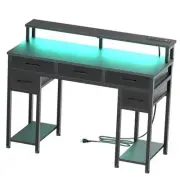 Black Computer Desk with Drawers, Gaming Desk with LED Light & Power Outlet,
