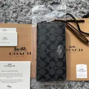 NWT COACH C4452 Long Zip Around Wallet In Signature Canvas Silver/Graphite/Black