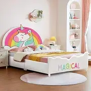 HONEY JOY Single Bed Frames for Kids, Wood Upholstered Twin Bed Platform with Slat Support, Padded Headboard & Footboard, Girls & Boys Bed for Over 3 Years Old, Fits Standard Twin Mattress (Rainbow)
