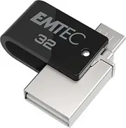 EMTEC 32GB Dual T260B Mobile&Go USB 2.0 Swivel Flash Drive - USB Stick Dual USB-A/Micro-USB - 360° Swivel Hook System - Read Speed 15MB/s Max - Write Speed 5MB/s Max