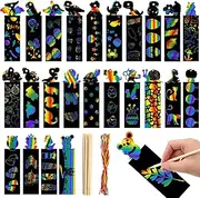 48 Pcs Scratch Art Bookmarks Party Favours Kids, Animal Bookmarks Set Party Bag Fillers with 48 Pcs Colorful Ribbons and 24 Pcs Wood Stylus, Scratch Art for Classroom Activities Party(dinosaur)