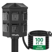 Outdoor Power Strip with Stake, 100 FT Extension Cord, 6 Grounded Outlets for