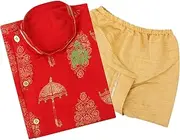 [superminis] Boy's Golden Foil Printed Side Open Cotton Kurta, Round Collar, Full Sleeves with Cream Color Dhoti (Red, 18-24 Months)
