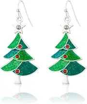 [RareLove] Green Christmas Tree with Star Red Rhinestone Pierced Dangle Earrings CZ Crystal Silver Plated Alloy Holiday For Women, Metal