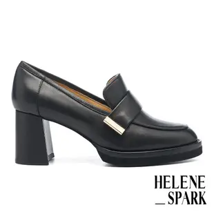 高跟鞋 HELENE_SPARK 復古知性純色寬帶全真皮樂福高跟鞋－黑