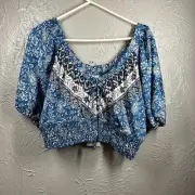 NWT Joie Blue Purple Tie Front Half Sleeve Floral Crop Top Size Large