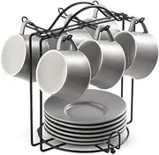 YHOSSEUN Espresso Cups with Saucers Set 4 OZ Porcelain Espresso Coffee Cup and Metal Stand for Cappuccino, Latte, Cafe Mocha and Tea, Set of 6, Gray