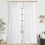 White Linen Curtains 102 Inches Long for Living Room Pinch Pleated Curtain Drape with Hooks for Track System Back Tab Light Filtering Cotton 102 Inch Curtain 2 Panels for Bedroom Sliding Patio Door