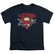 Superman Chain Breaking Kids Youth T Shirt Licensed Clark Kent DC Comic Tee Navy