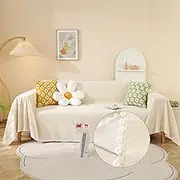 HANDONTIME Beige Couch Covers for 3 Cushion Couch Sofa Cute Sofa Covers with White Daisy Lace Pet Couch Protector Thick Chenille Couch Cover for Dogs Sectional Sofa L Shape Futon Couch, 71" X118"