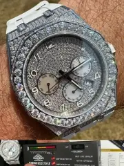 Real MOISSANITE Mens Watch Iced Skeleton Back 44mm Hip Hop - White Silicone Band