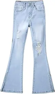 [WDIRARA] Girl's High Waisted Ripped Raw Hem Flare Bell Bottom Jeans Denim Pants
