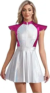 [Rswnyirn] Womens Shiny Outer Space Astronaut Alien Robot Cosplay Flared Aline Mini Dress