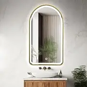 Arched LED Mirror 90x50cm Gold Frame with Frosted Edge Smart Touch & Anti-Fog Function Wall Mounted Mirror for Bathroom Bedroom Hallway